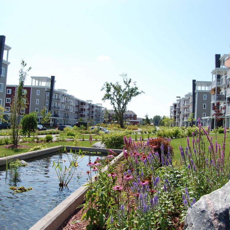 Complexe d'appartements avec parterres de fleurs et petit étang dans un espace vert. Ciel bleu.