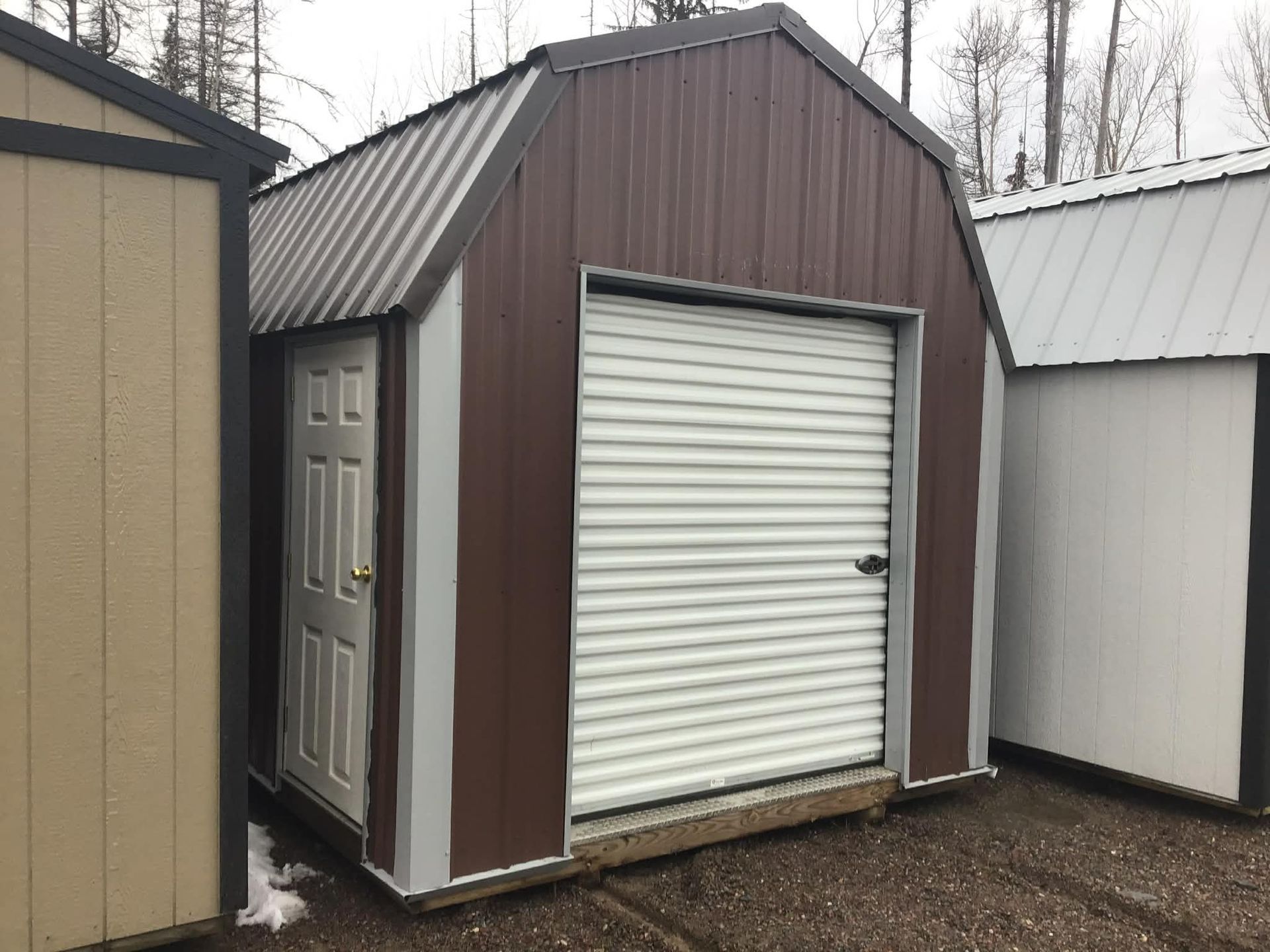 high quality storage shed with roll up door for sale in Whitefish, Montana.