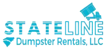 Logo for Stateline Dumpster Rentals, LLC, featuring turquoise text, a North Carolina outline, and a truck tipping a dumpster.