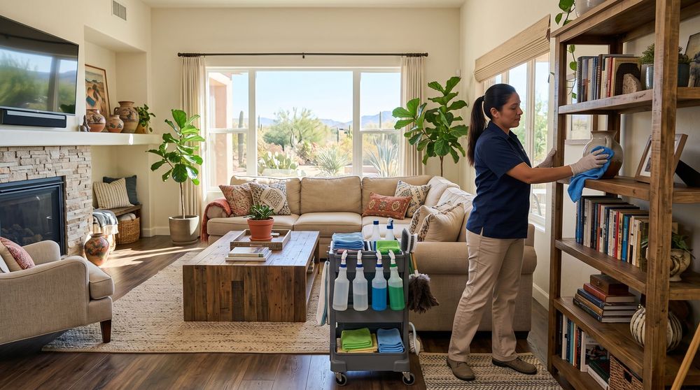 Woman arranging items on a bookshelf in a bright living room