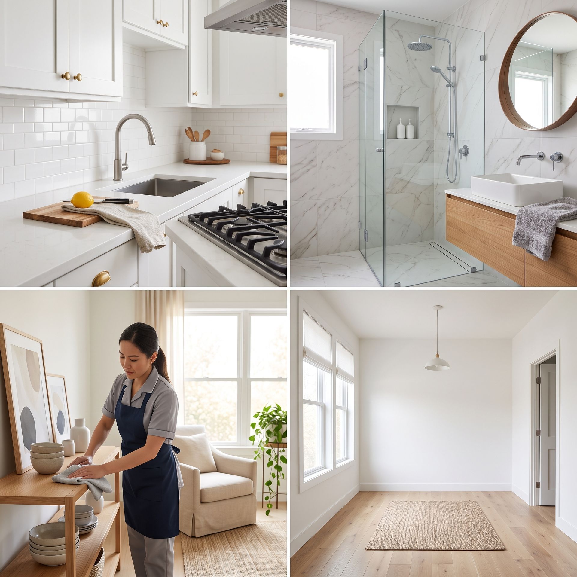 Modern white home collage: kitchen, glass shower, woman baking, and bright empty room