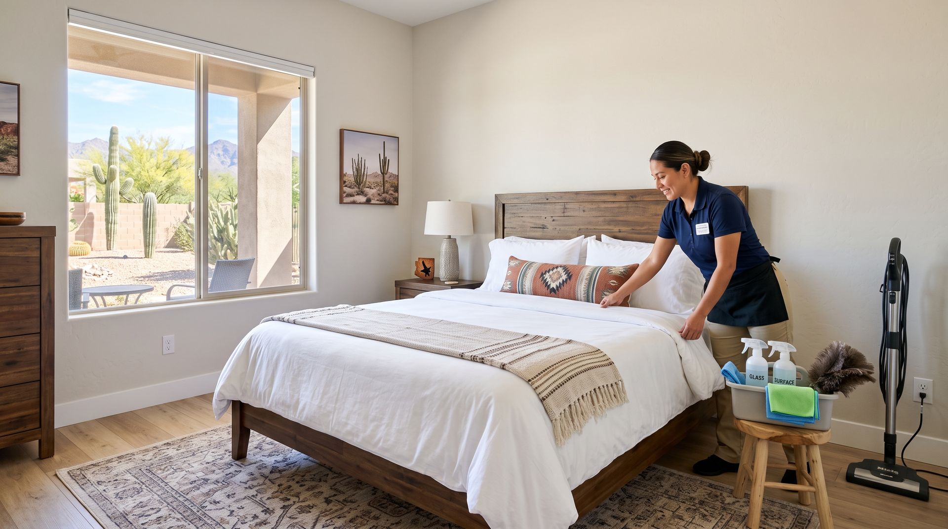 Housekeeper making a bed in a bright bedroom near a window