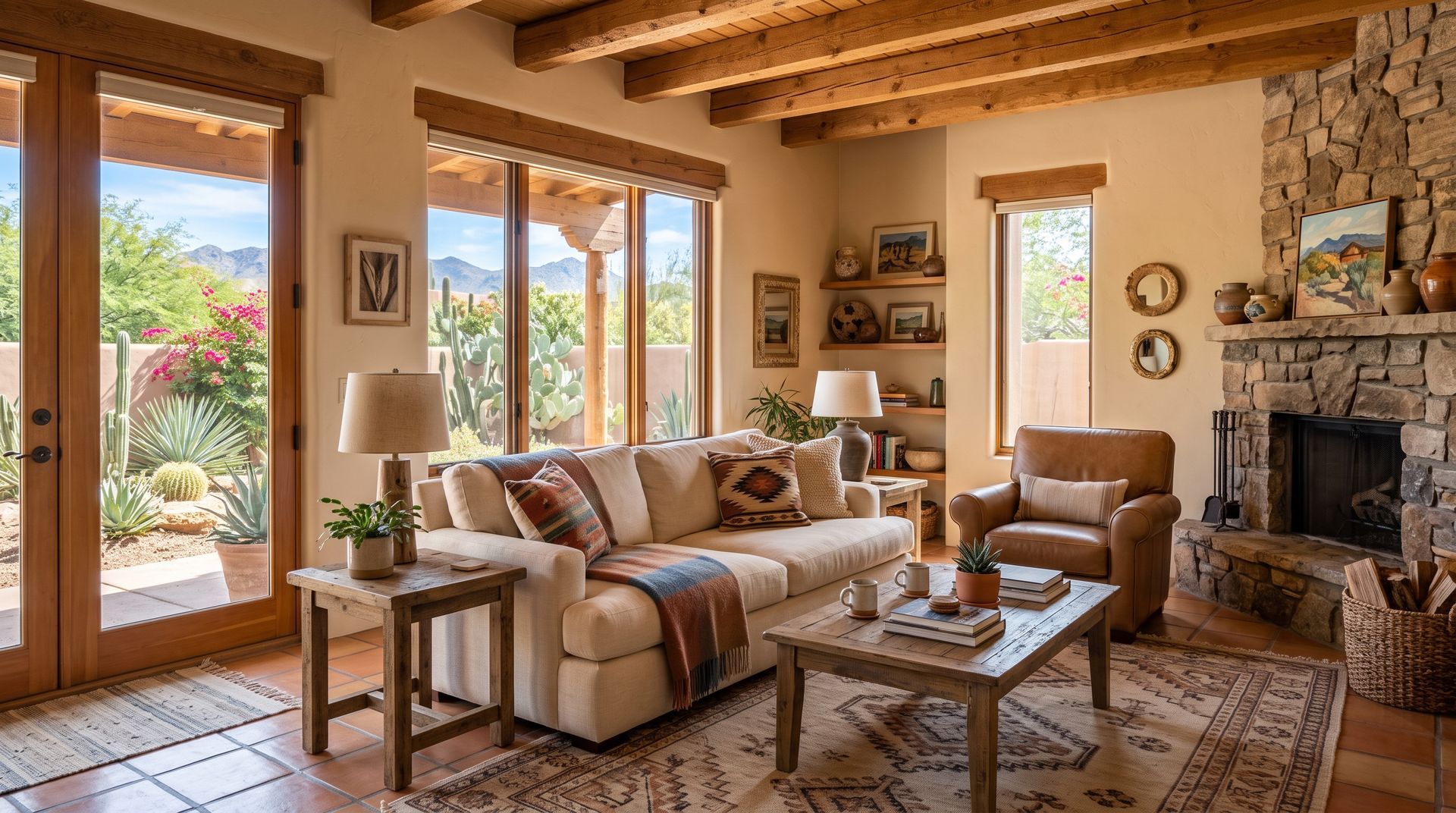 Sunlit adobe living room with leather sofa, stone fireplace, wood beams, and desert views