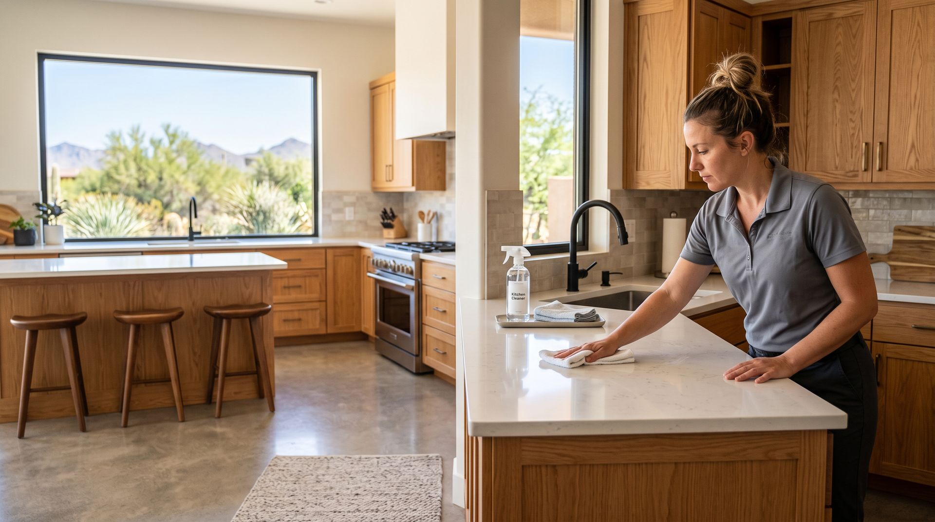 Modern kitchen with wood cabinets; a person wiping a white island countertop near a sink.