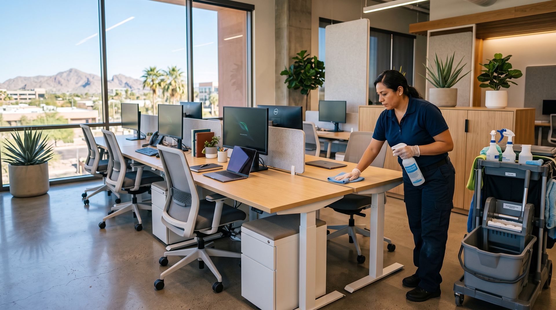 Modern office with a person cleaning desks beside computers and a cart near large windows.