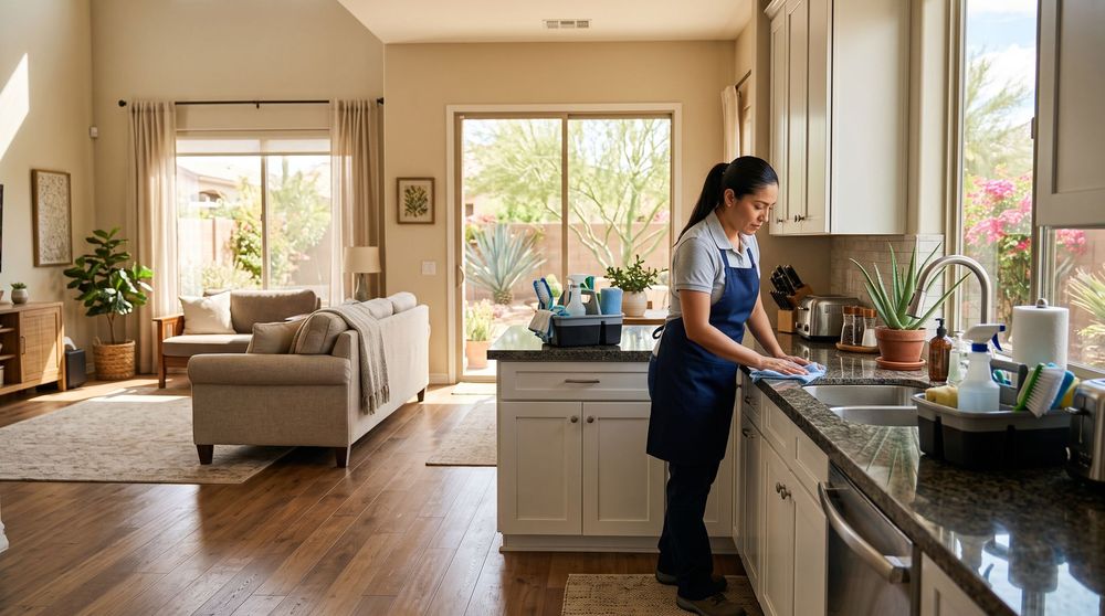 Woman washing dishes in a bright kitchen with a cozy living room in the background