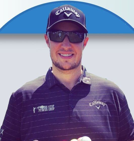 Man wearing sunglasses and a Callaway hat smiles, wearing a striped polo shirt.