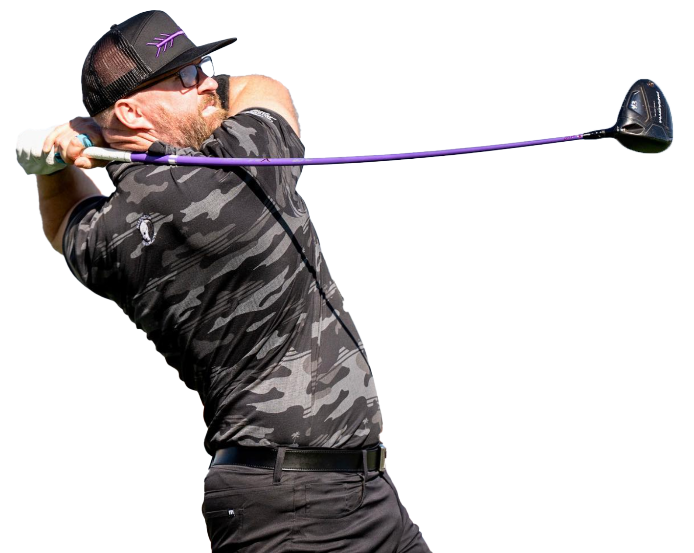 A man is swinging a golf club on a white background.