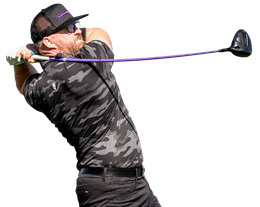 A man is swinging a golf club on a white background.