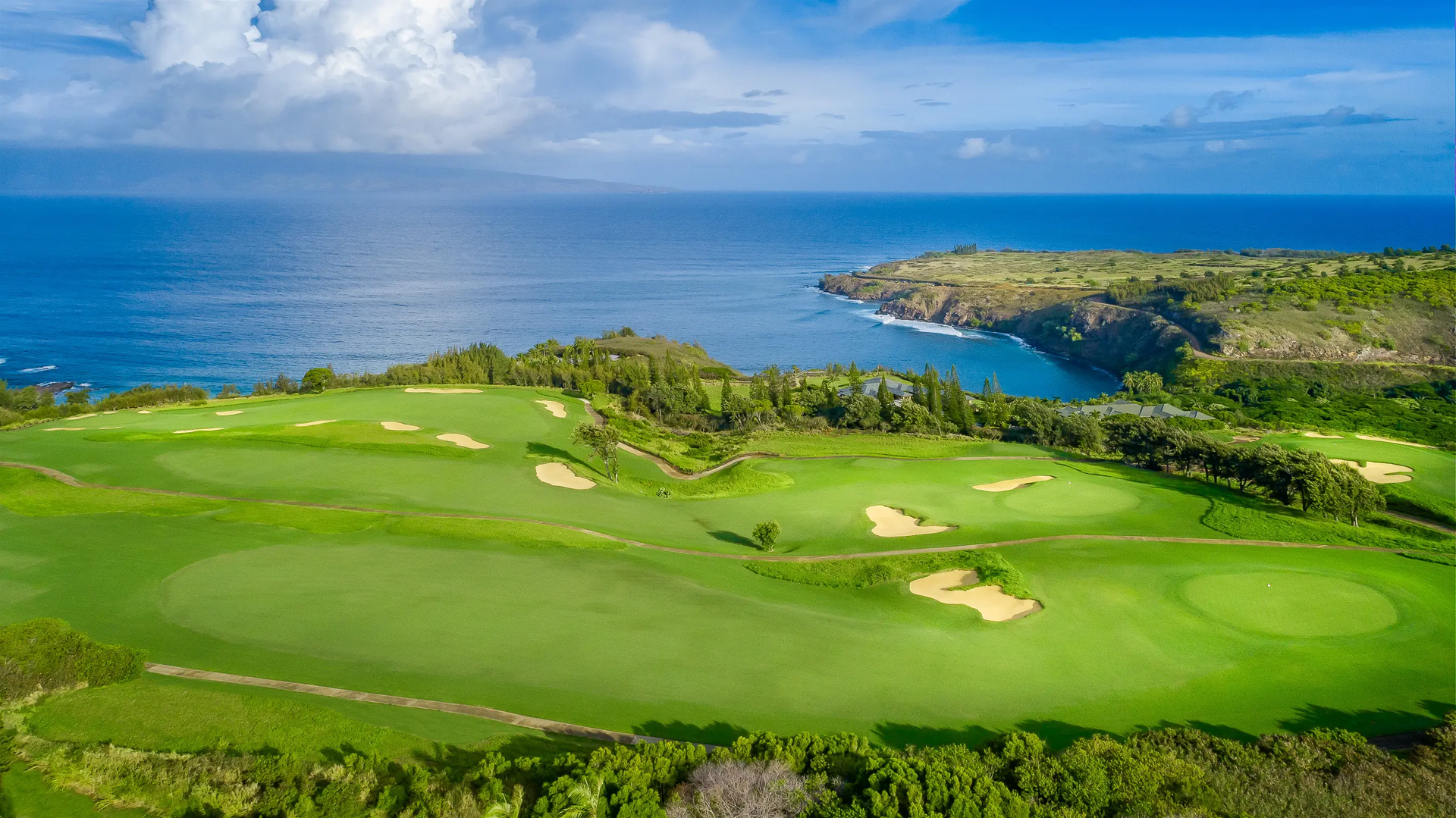 An aerial view of a golf course next to the ocean.