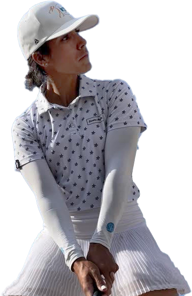 A woman wearing a white hat and a white shirt is holding a golf club.