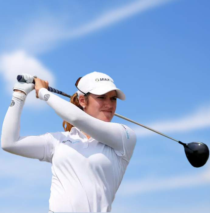A woman is swinging a golf club and wearing a hat that says o'neill