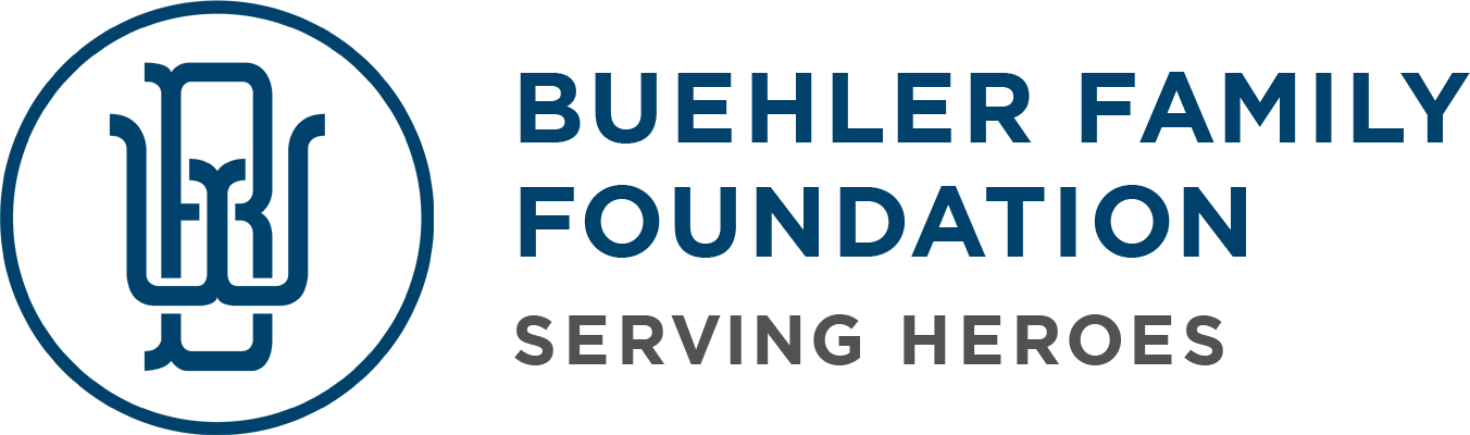 The buehler family foundation logo is blue and white and says buehler family foundation serving heroes.