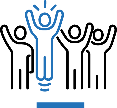 A group of people standing next to each other with their hands in the air.
