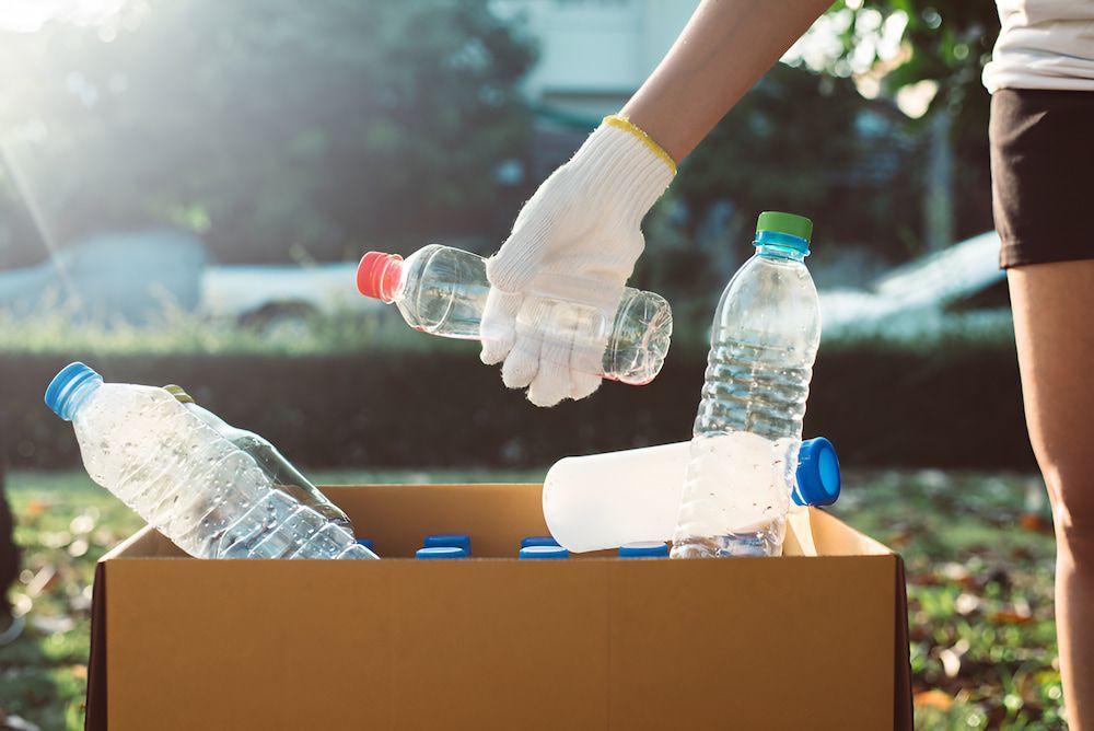 A person is recycling plastic bottles into a cardboard box — Antons Recycling In Ciccone, NT