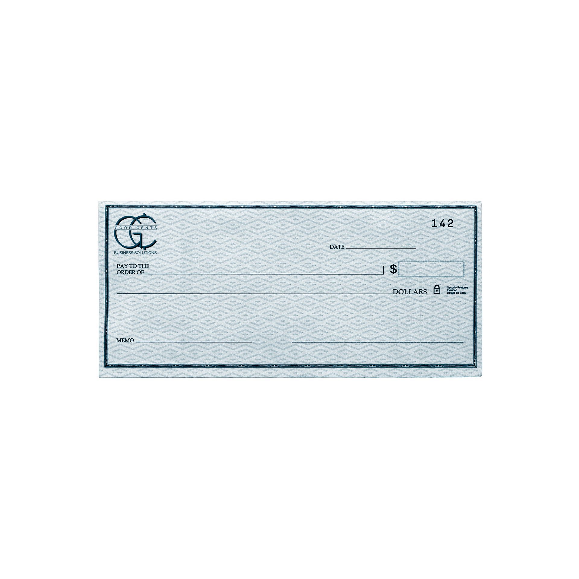 Check with blank fields, a logo, and lines for writing.