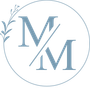 Blue monogram “MM” inside a thin blue circle with a leafy branch accent on the left