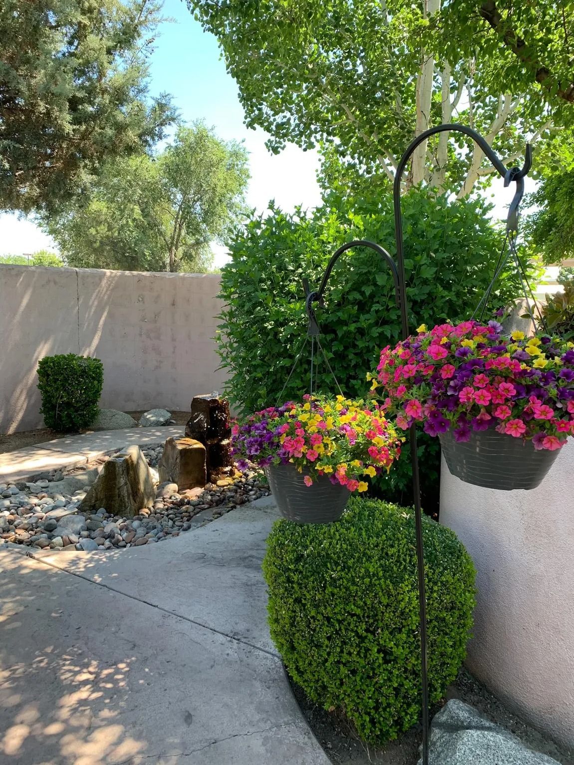 A garden with flowers in hanging baskets and bushes.