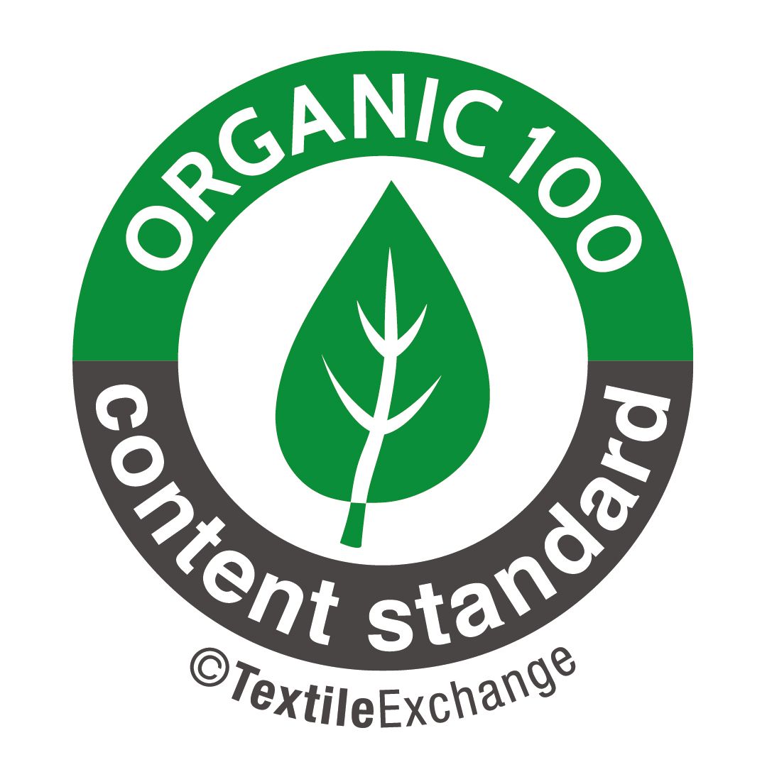 Logo dello standard Organic 100 Content: un cerchio verde e grigio con una foglia al centro e la scritta 