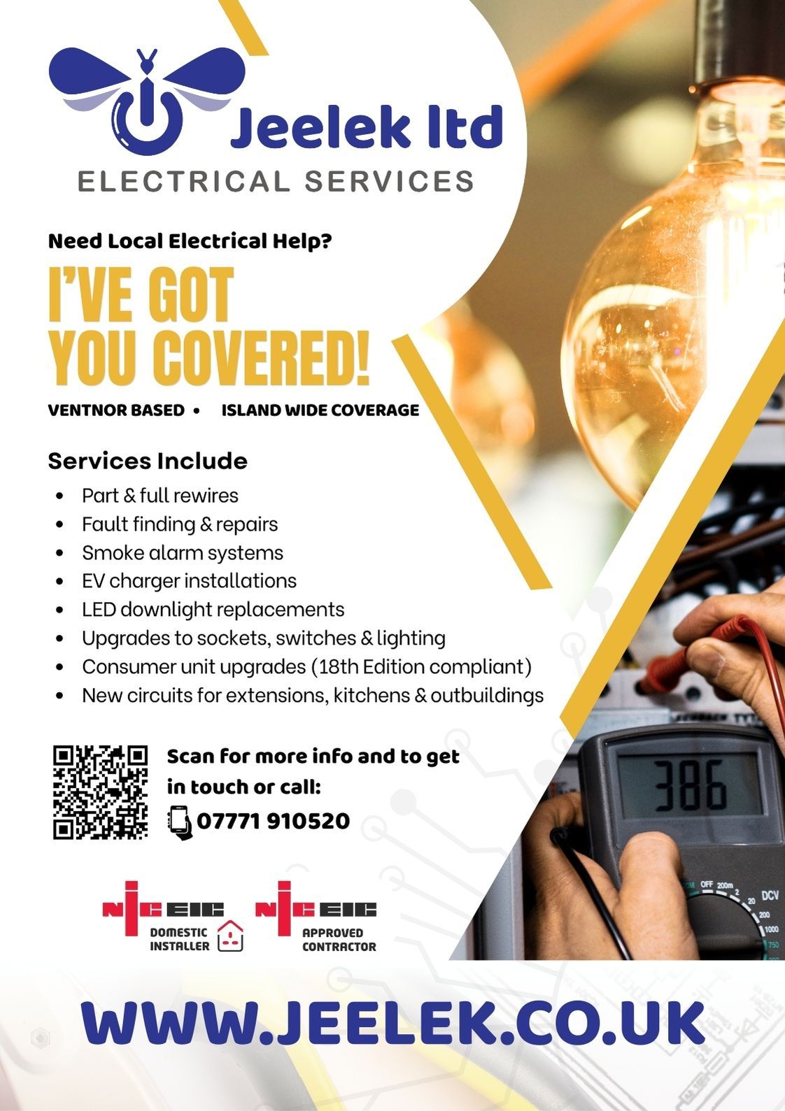 An advertisement for Jeelek Ltd electrical services listing their offerings, contact info, and website URL.