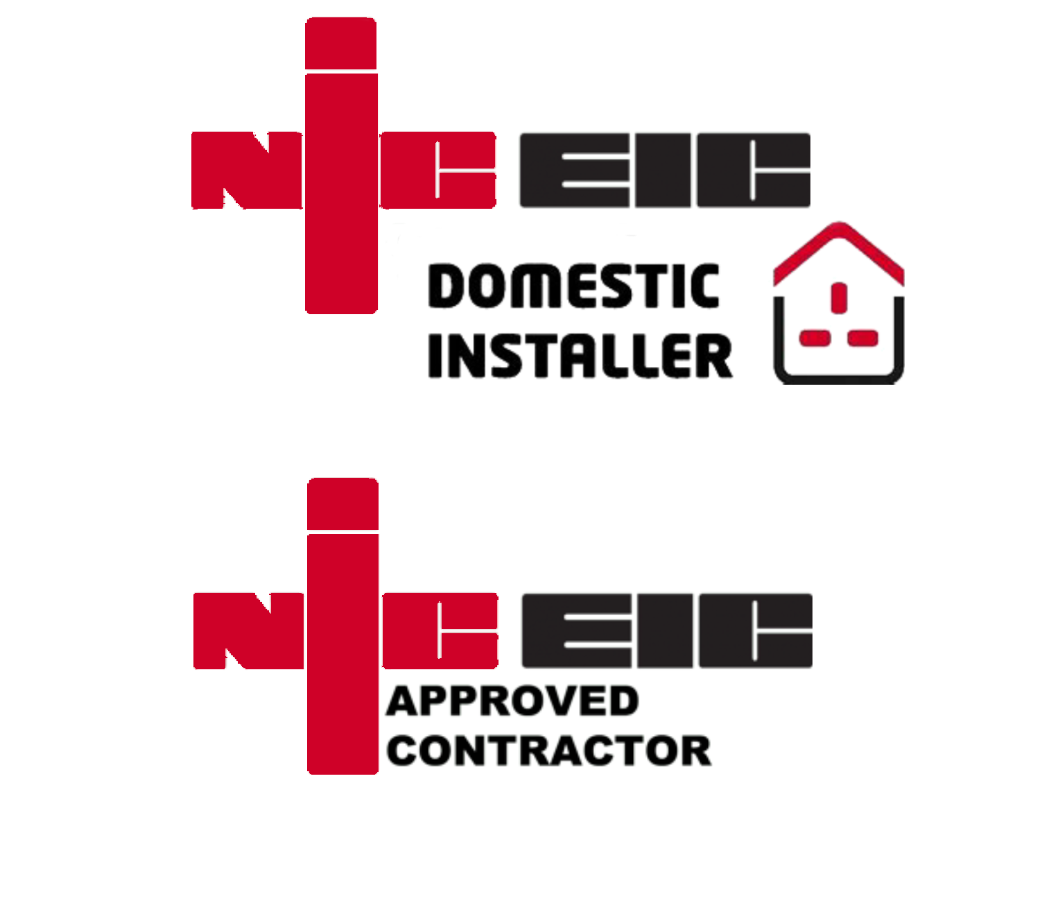 Two logos for NICEIC, a domestic installer and an approved contractor, with a red plus symbol and black text.