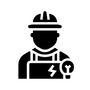 Black silhouette of an electrician wearing a hard hat and holding a lightbulb; overalls with an electricity bolt on them.
