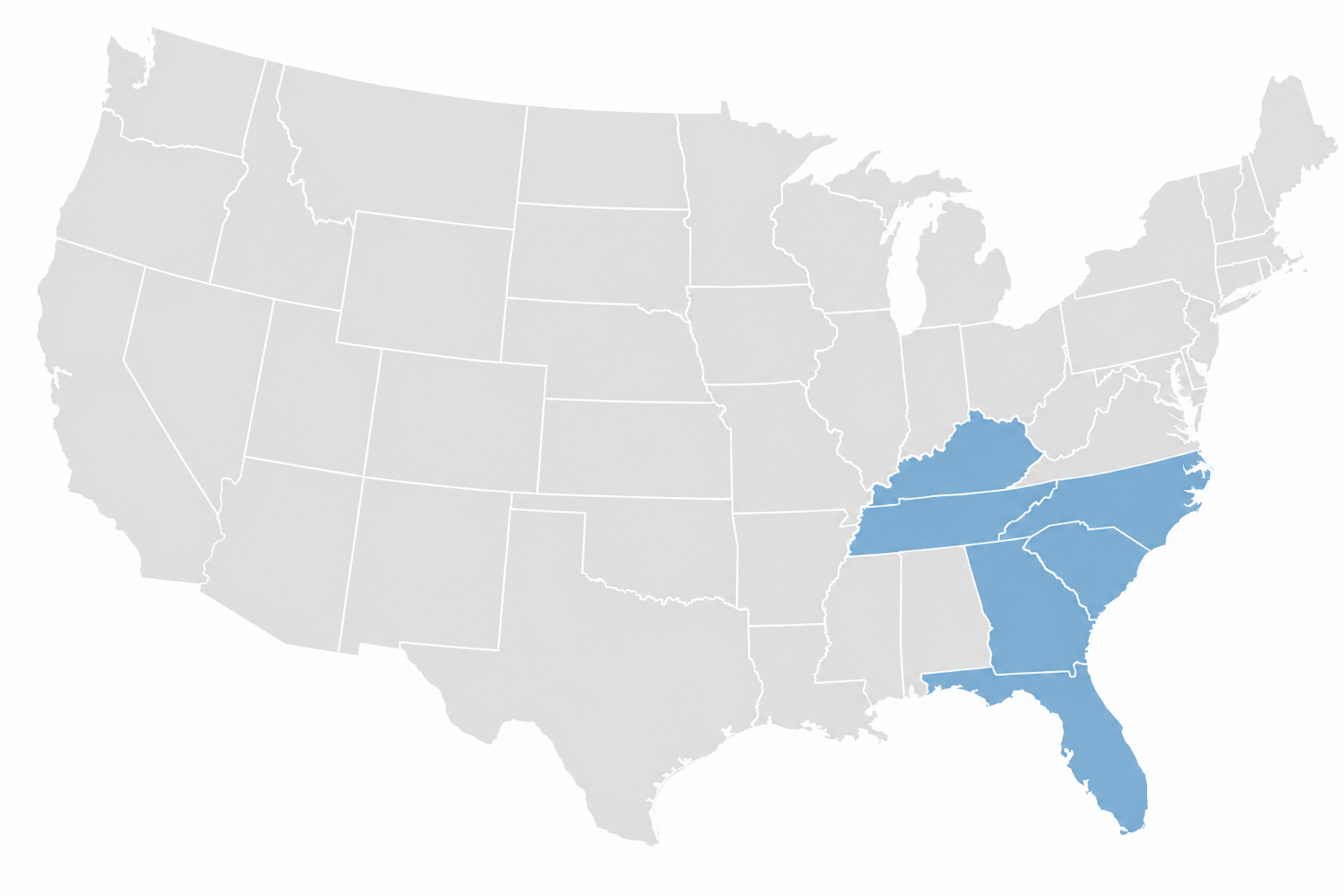 Map of the United States with southeastern states highlighted in blue