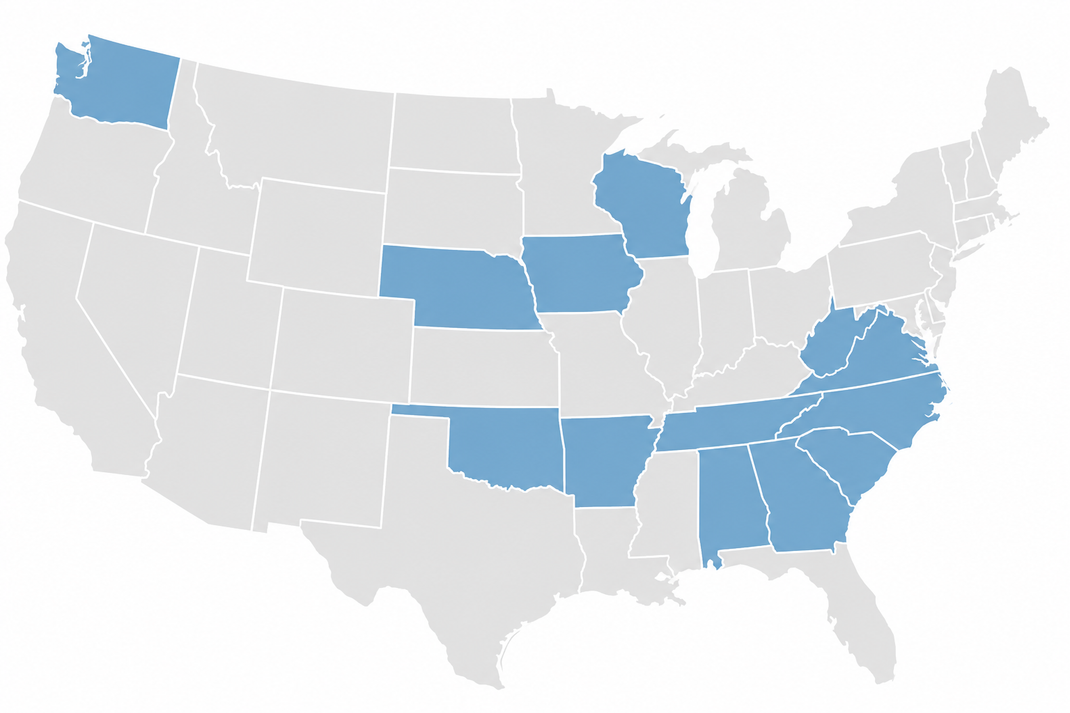 U.S. map with several states highlighted in blue across the West, Midwest, South, and Southeast