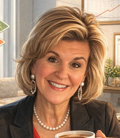 Smiling woman in a black blazer and pearl jewelry holding a cup in a bright room with wall art.
