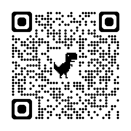 Black-and-white QR code with a small dinosaur silhouette in the center