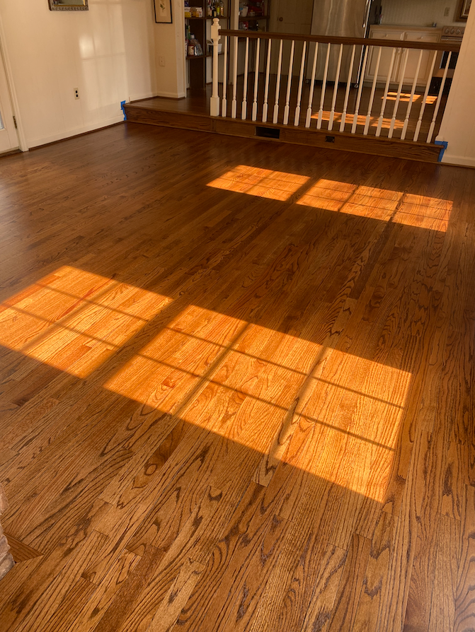The sun is shining through the windows on the hardwood floor.