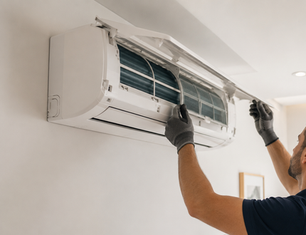 Tecnico che pulisce un condizionatore d'aria a parete in un ambiente interno, indossando i guanti.