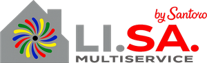 Logo LSA Multiservice con icona di una casa a spirale multicolore e la scritta "by Santoro" in rosso e grigio.