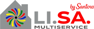 Logo LSA Multiservice con icona di una casa a spirale multicolore e la scritta "by Santoro" in rosso e grigio.