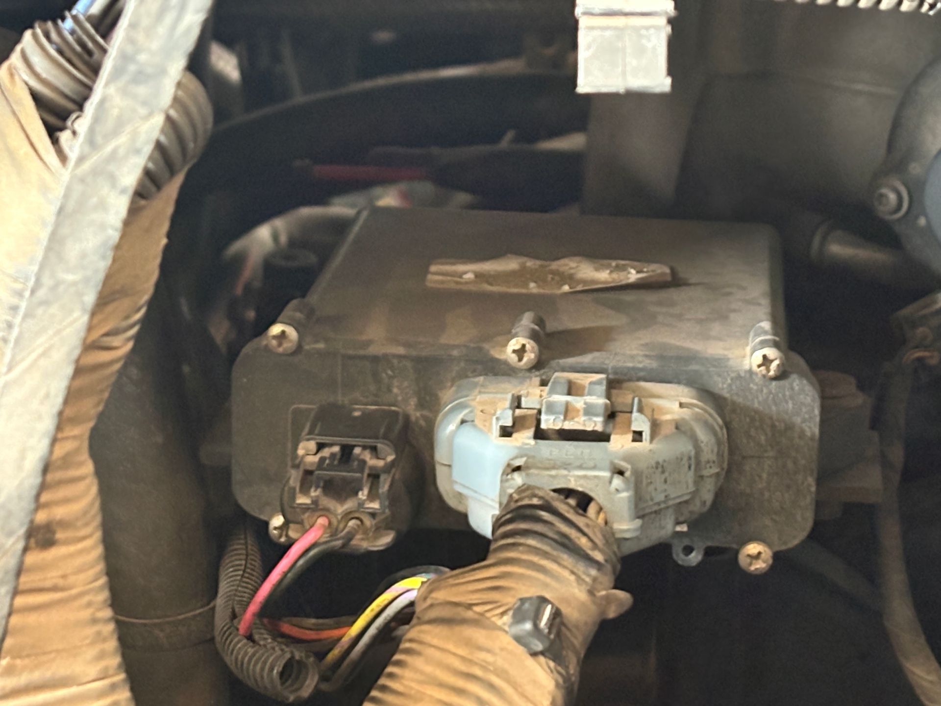 Close-up of a black electronic control box with wiring and a blue connector inside a vehicle compartment