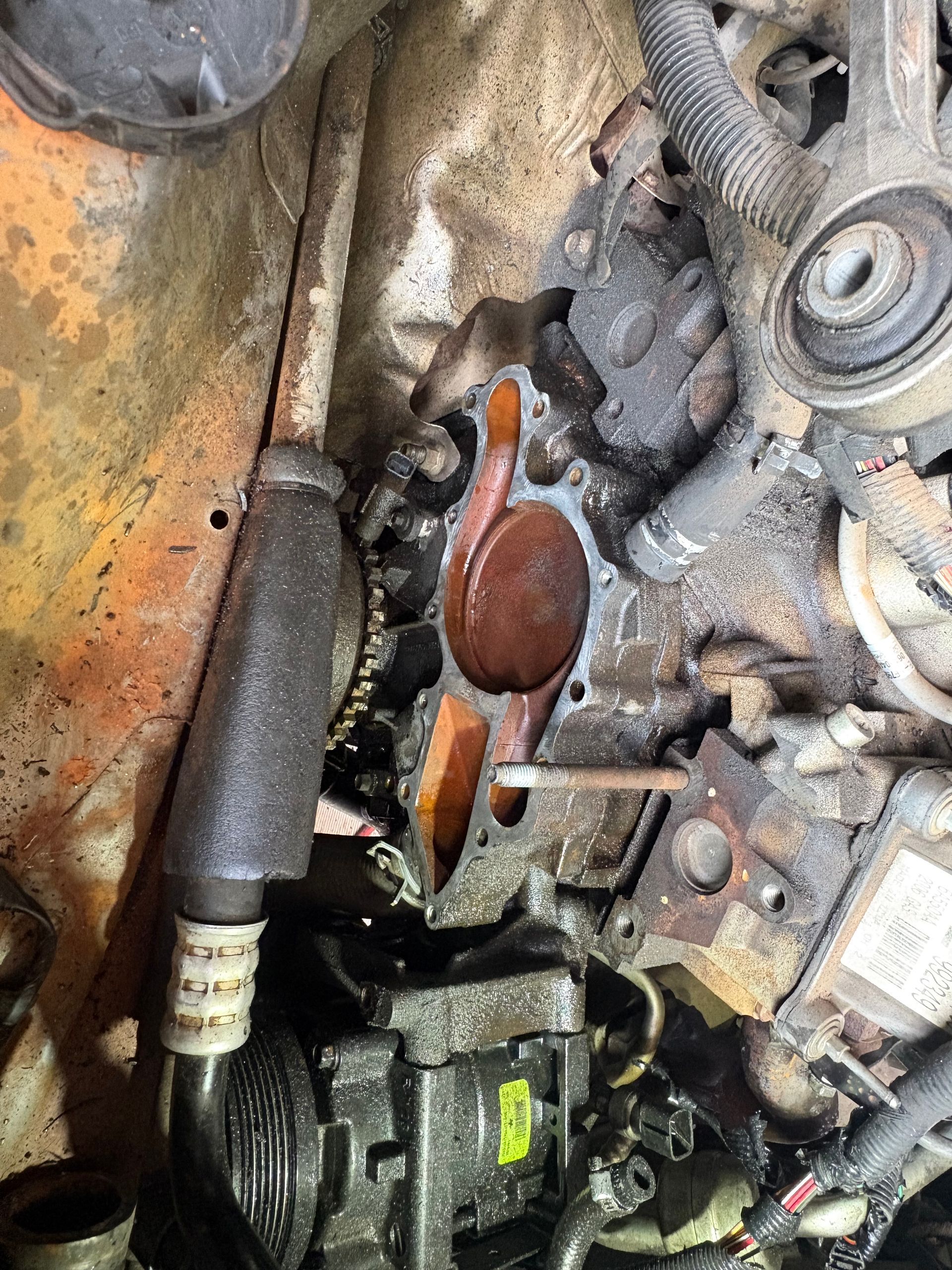 Close-up of a car engine bay with rusted metal parts and a black hose near the engine.