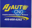Blue sign for AJ Auto CNG, complete automotive repair and CNG service, with phone number 405-600-6262