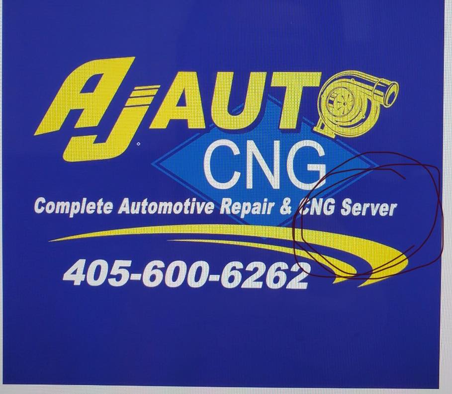 Blue sign for AJ Auto CNG, complete automotive repair and CNG service, with phone number 405-600-6262