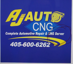 Blue sign for AJ Auto CNG, complete automotive repair and CNG service, with phone number 405-600-6262