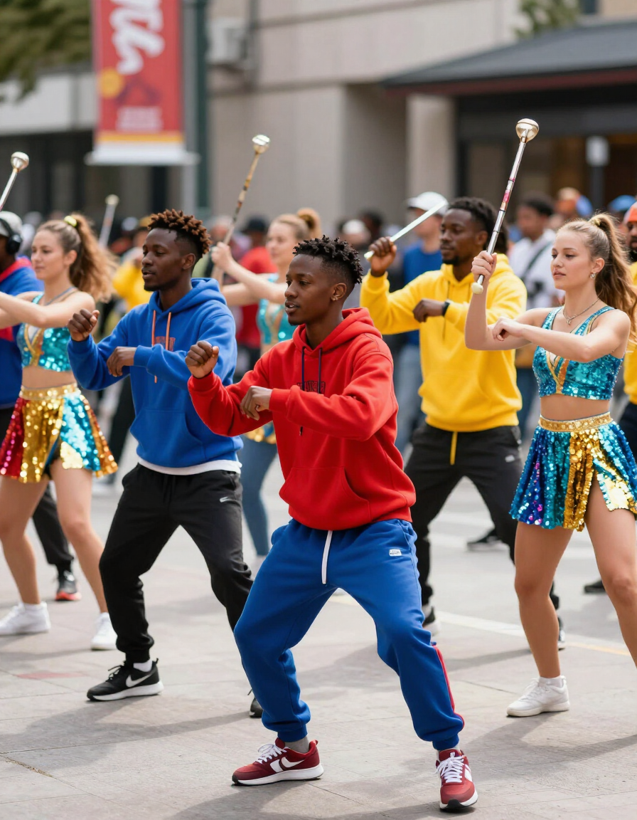 Dance team performers in colorful uniforms