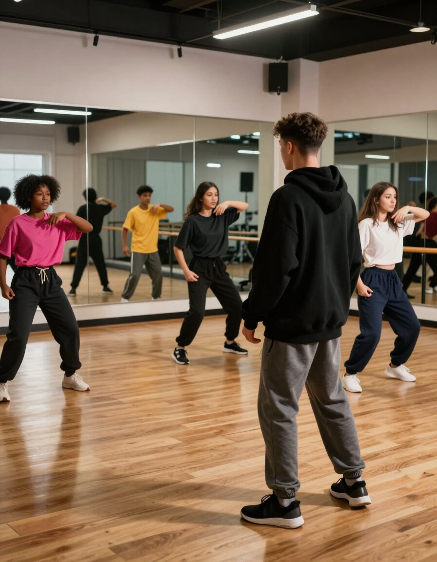 Hip hop dance class in session with instructor