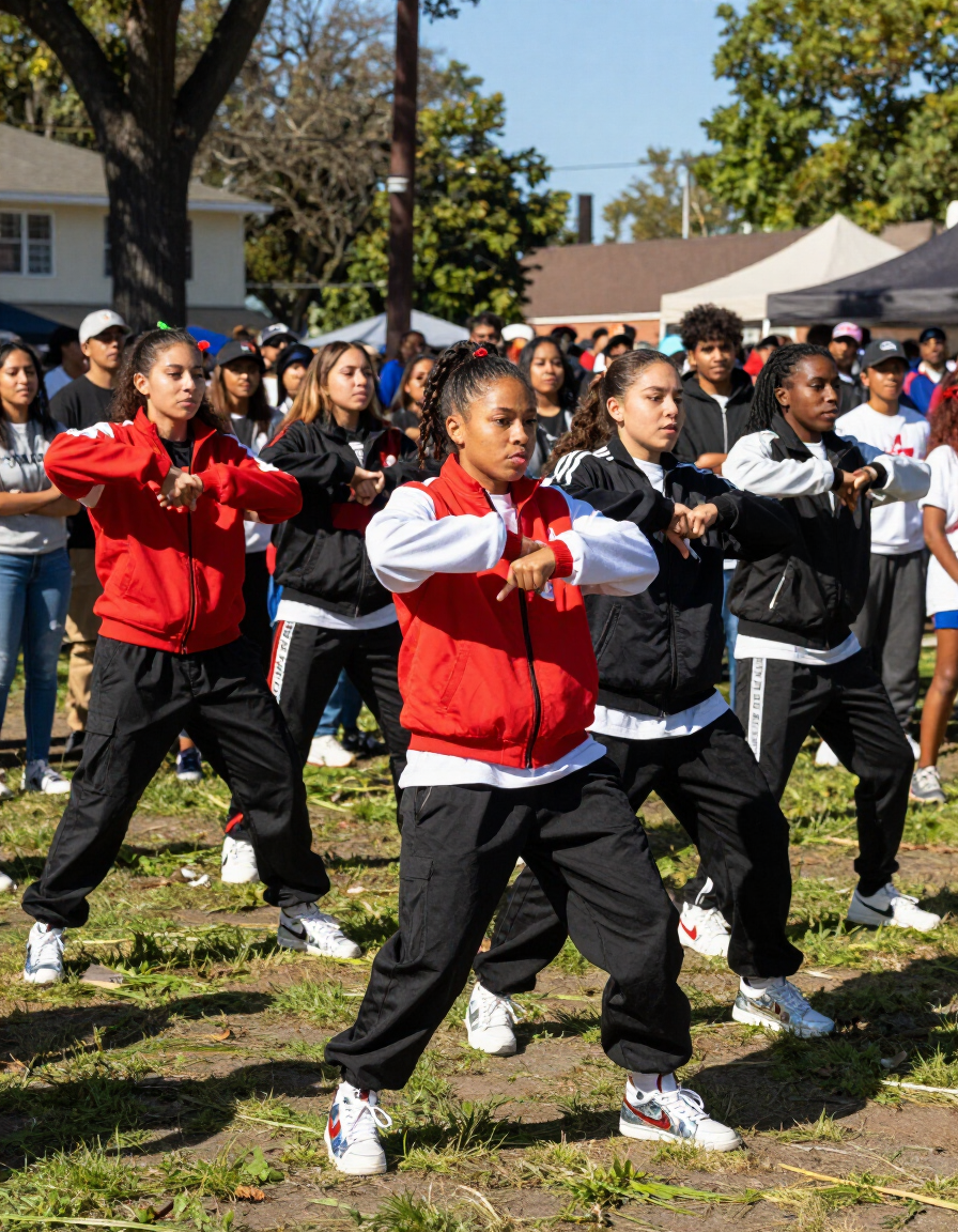 Majorette dancers performing at outdoor community event