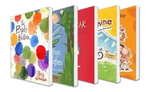 Five book covers standing side-by-side, ranging in colors from white with balloons to blue, red, yellow, and orange.