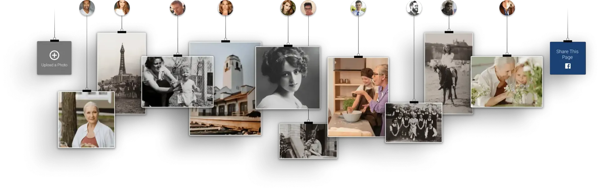 A collage of black-and-white and color photos suspended by strings against a white background, featuring varied scenes.