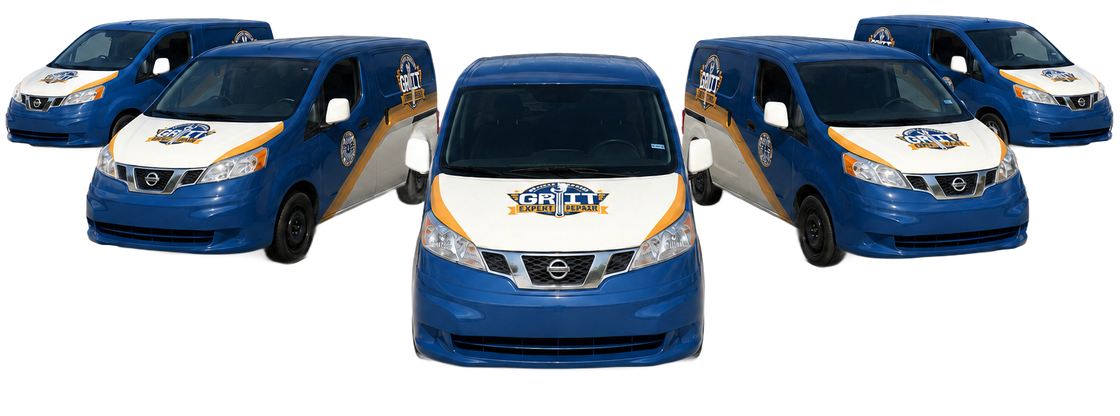 Three blue delivery vans arranged in a group on a white background