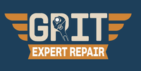 Logo for GRIT Expert Repair: Text in white with a wrench and wings on a blue background.