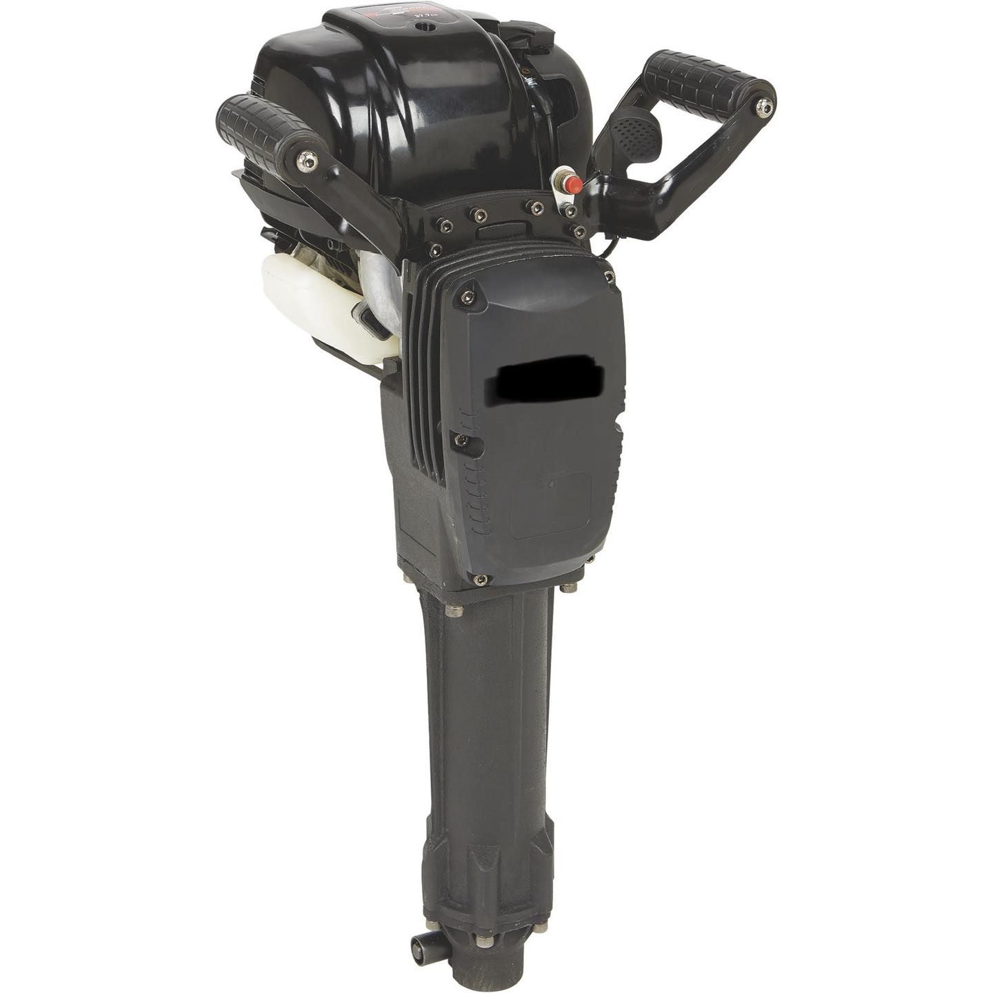 A gas powered demolition hammer with two handles on a white background.