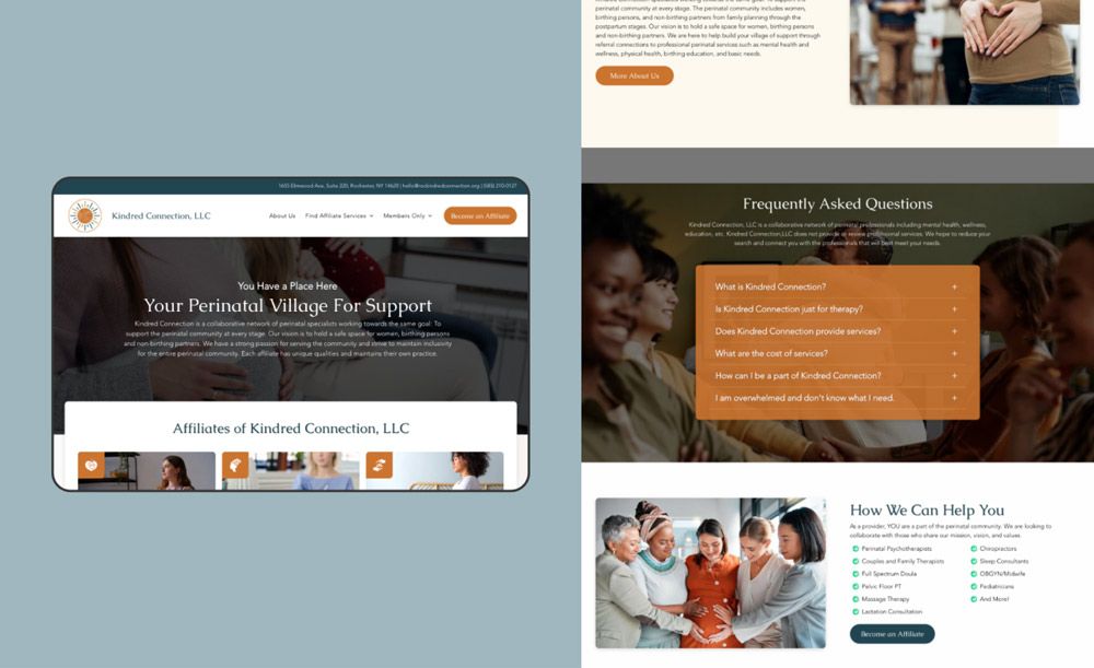 A screenshot of a website showing kindred connection web design by Therapy Sprout