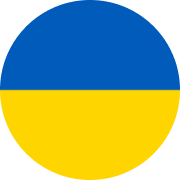A blue and yellow Ukrainian flag in a circle on a white background.