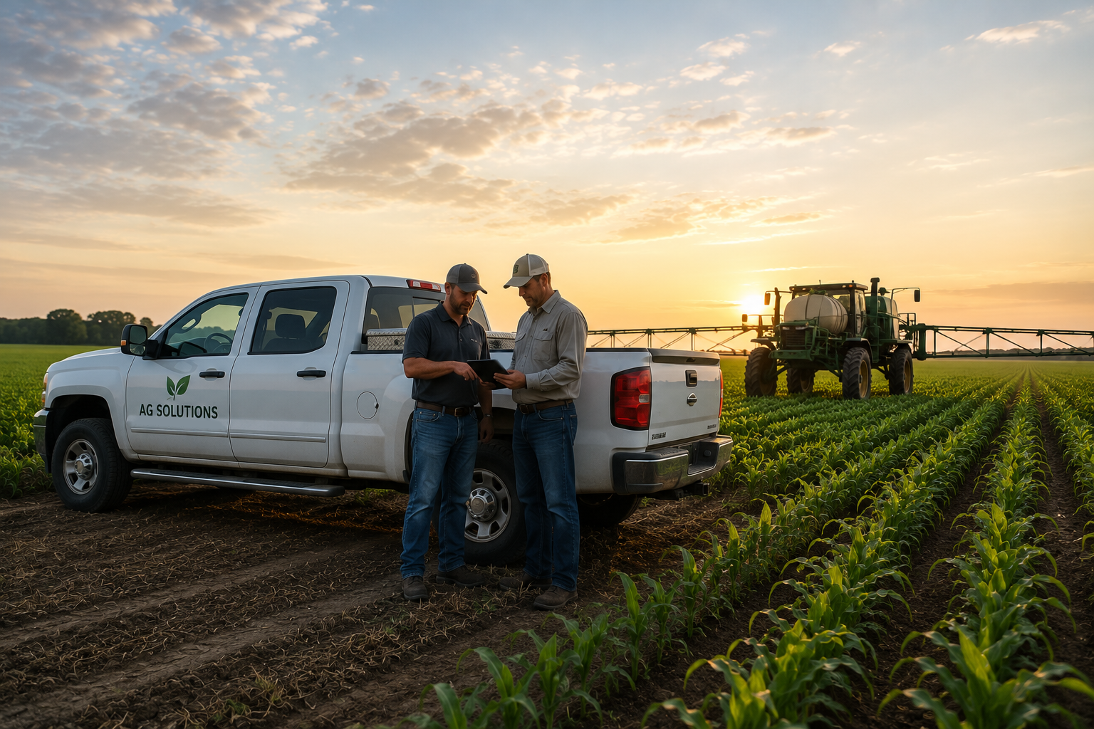 Farm workers standing by a white pickup and tractor in a field at sunset